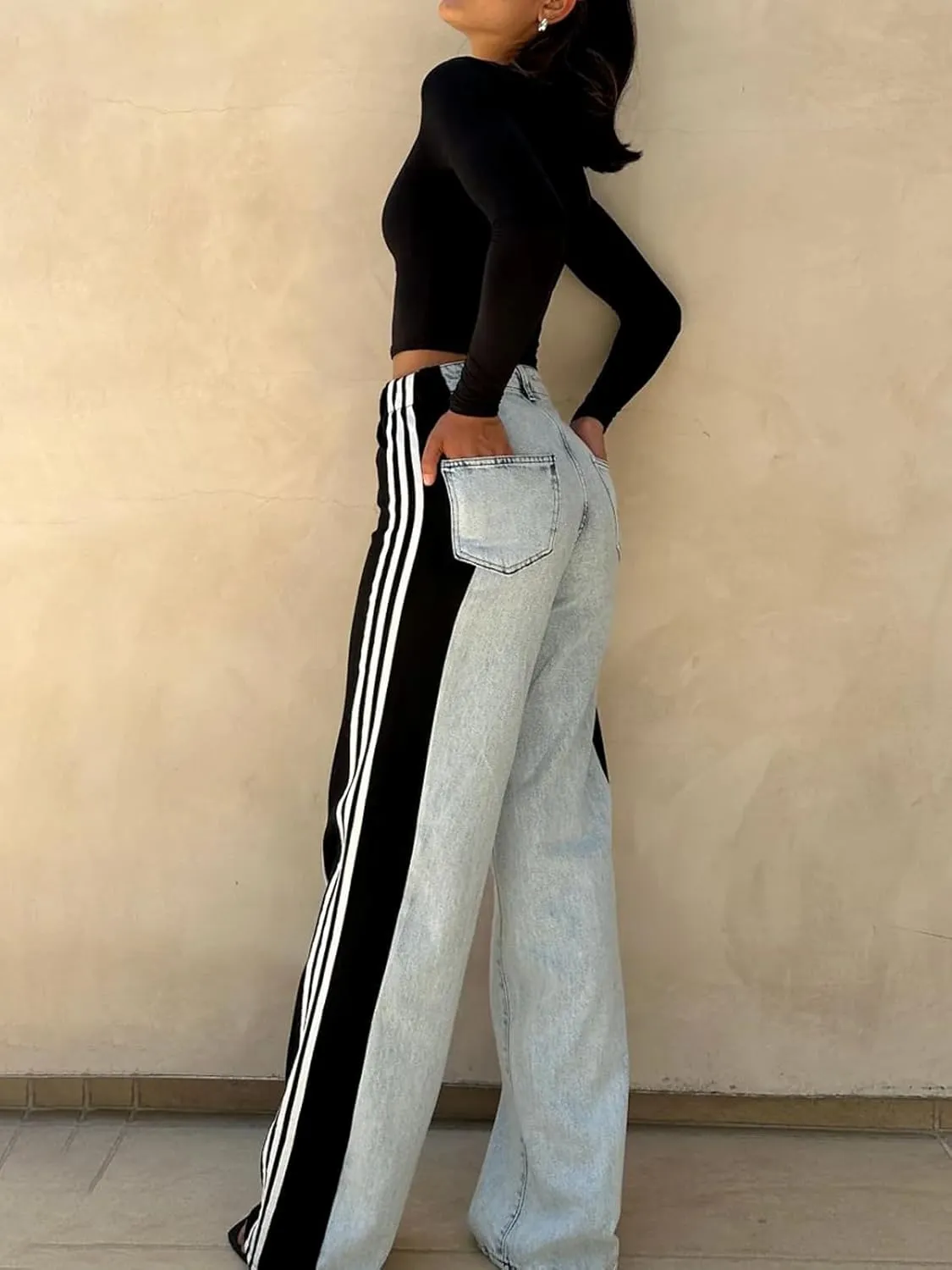 Womens Jeans High Waisted Wide Leg Patchwork Stripes Stretchy Jean Color Block Straight Trendy Demin Pants