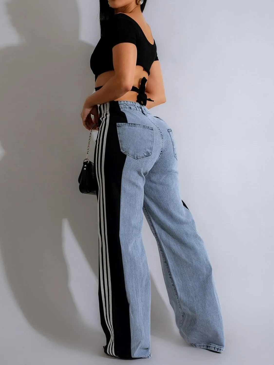 Womens Jeans High Waisted Wide Leg Patchwork Stripes Stretchy Jean Color Block Straight Trendy Demin Pants