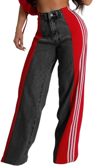 Womens Jeans High Waisted Wide Leg Patchwork Stripes Stretchy Jean Color Block Straight Trendy Demin Pants