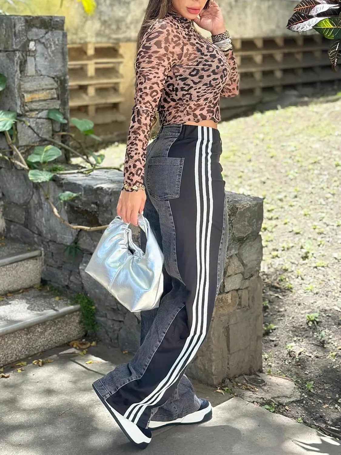 Womens Jeans High Waisted Wide Leg Patchwork Stripes Stretchy Jean Color Block Straight Trendy Demin Pants