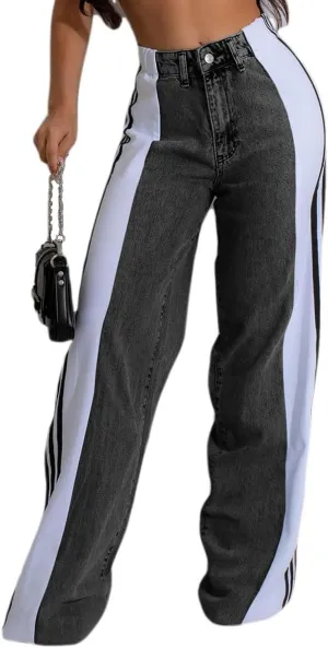 Womens Jeans High Waisted Wide Leg Patchwork Stripes Stretchy Jean Color Block Straight Trendy Demin Pants