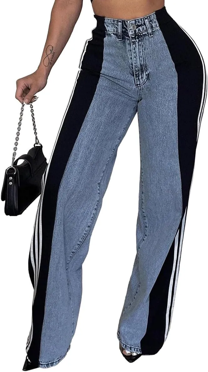 Womens Jeans High Waisted Wide Leg Patchwork Stripes Stretchy Jean Color Block Straight Trendy Demin Pants