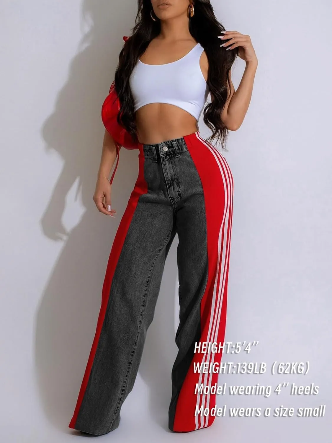 Womens Jeans High Waisted Wide Leg Patchwork Stripes Stretchy Jean Color Block Straight Trendy Demin Pants