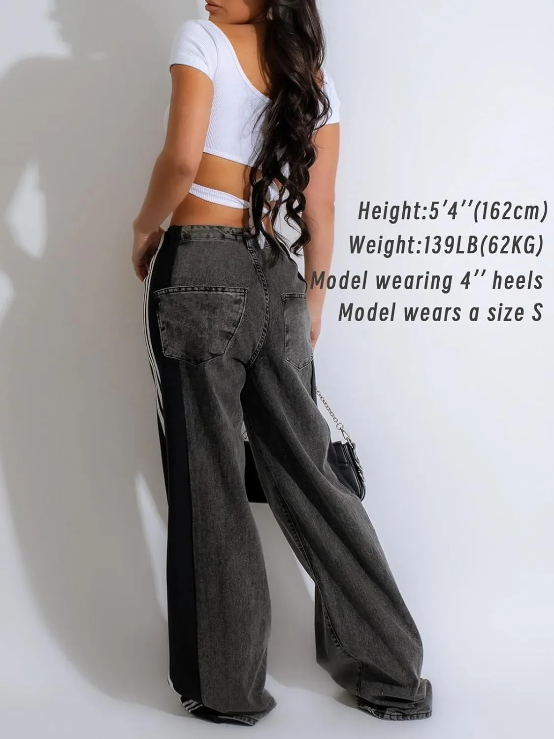 Womens Jeans High Waisted Wide Leg Patchwork Stripes Stretchy Jean Color Block Straight Trendy Demin Pants