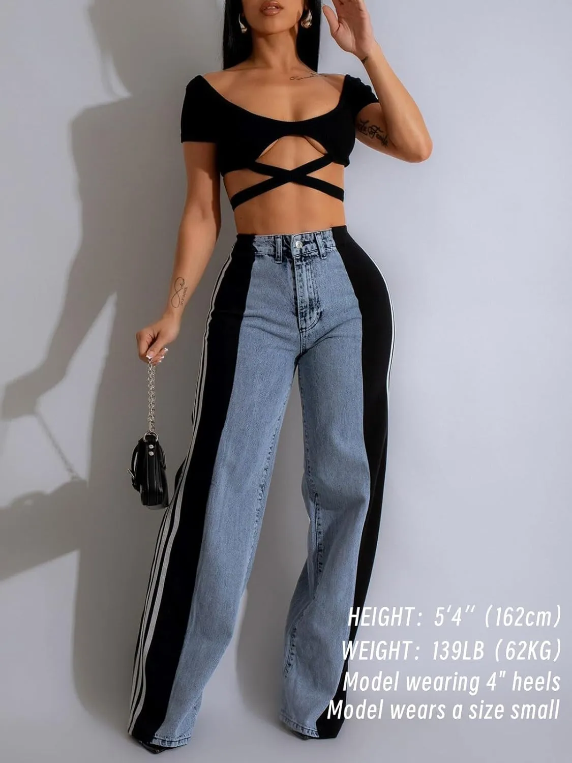 Womens Jeans High Waisted Wide Leg Patchwork Stripes Stretchy Jean Color Block Straight Trendy Demin Pants