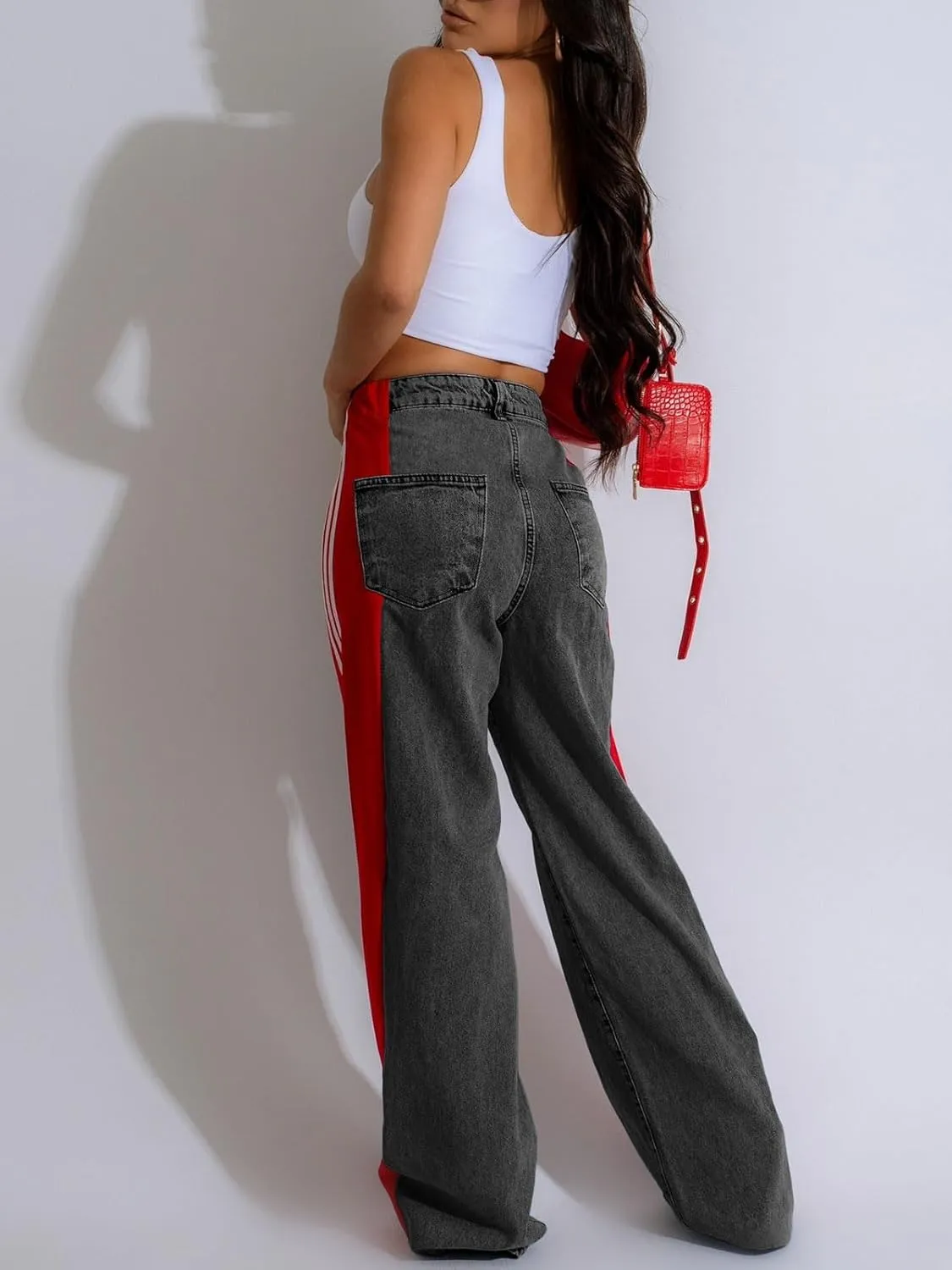Womens Jeans High Waisted Wide Leg Patchwork Stripes Stretchy Jean Color Block Straight Trendy Demin Pants