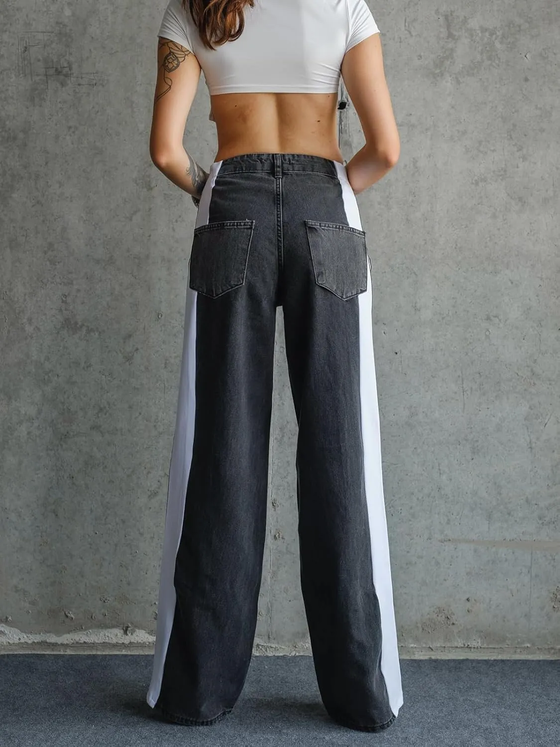 Womens Jeans High Waisted Wide Leg Patchwork Stripes Stretchy Jean Color Block Straight Trendy Demin Pants