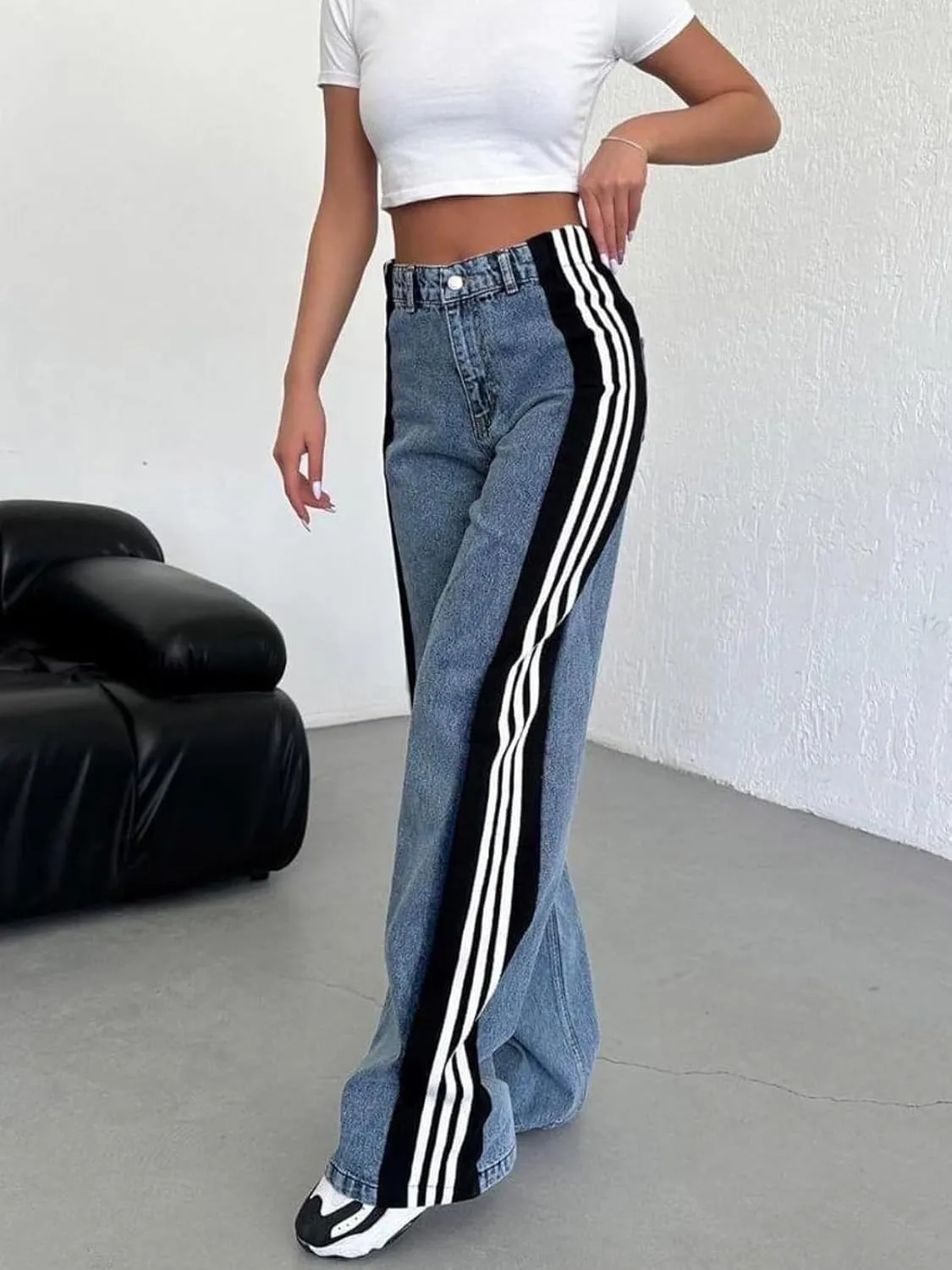Womens Jeans High Waisted Wide Leg Patchwork Stripes Stretchy Jean Color Block Straight Trendy Demin Pants