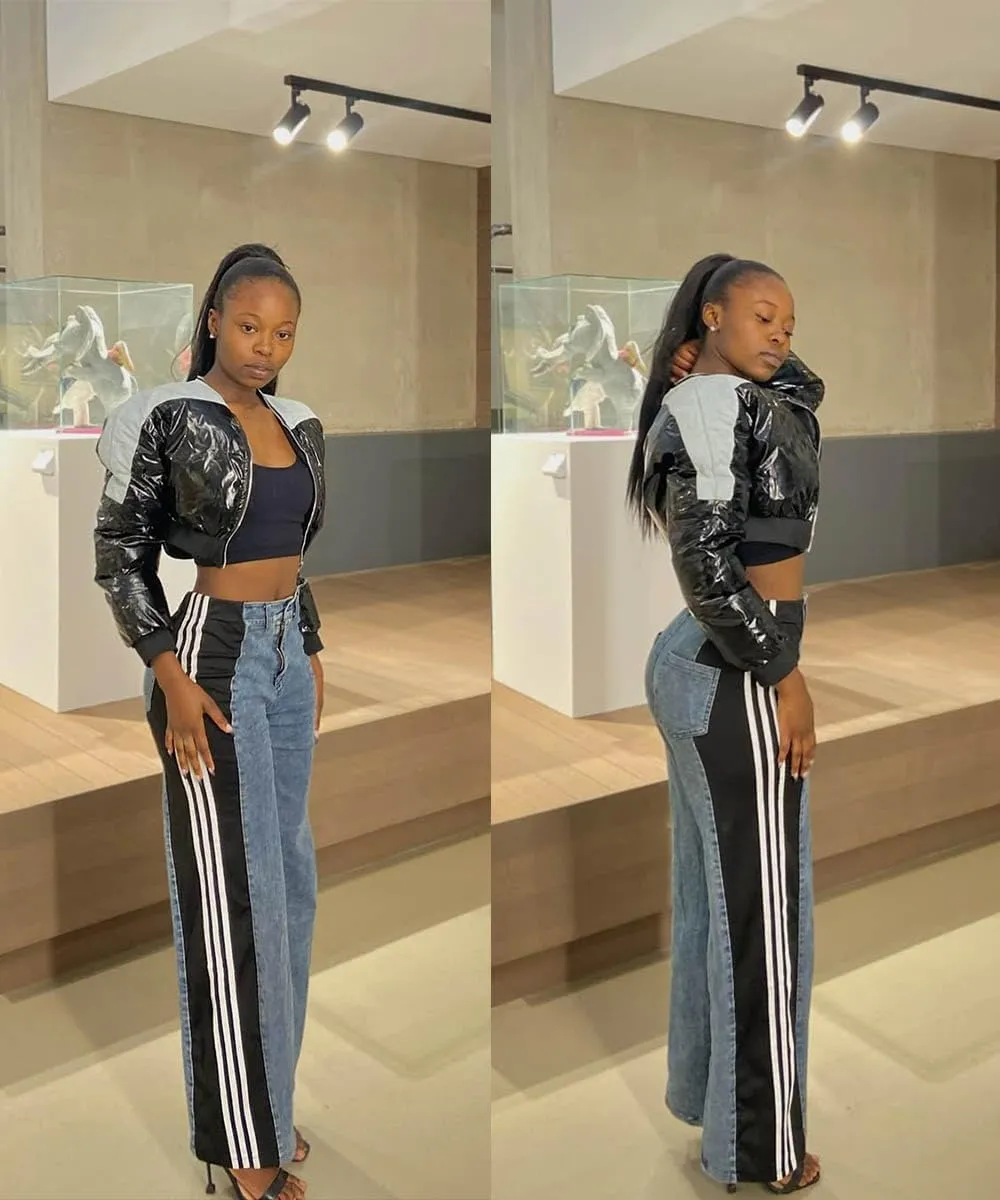 Womens Jeans High Waisted Wide Leg Patchwork Stripes Stretchy Jean Color Block Straight Trendy Demin Pants