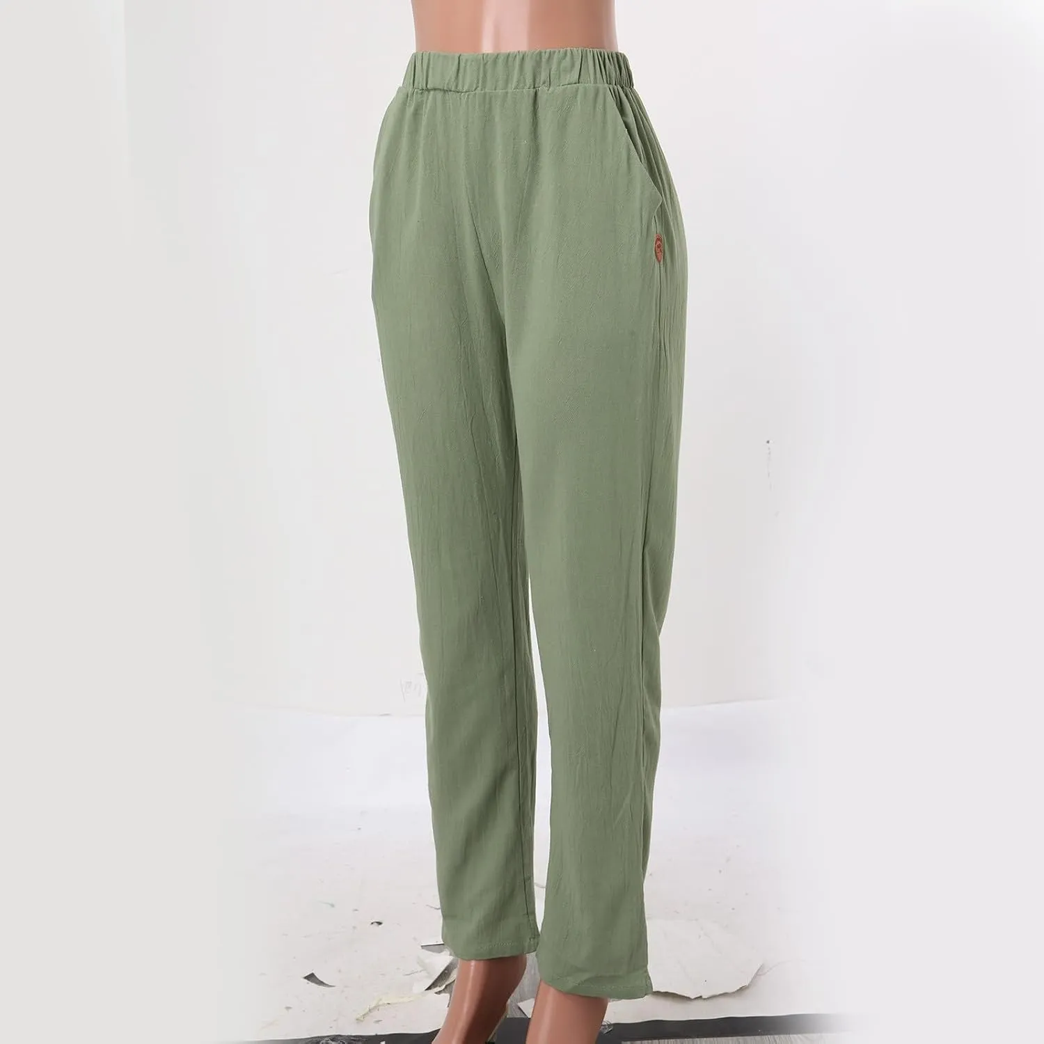 Women's Linen Blend Pants Drawstring Relaxed Breathable Wide Leg Pant Elastic Waisted Summer Straight Leg Trousers
