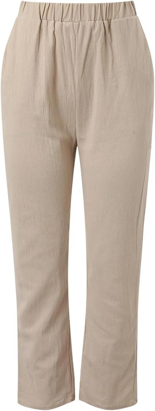 Women's Linen Blend Pants Drawstring Relaxed Breathable Wide Leg Pant Elastic Waisted Summer Straight Leg Trousers