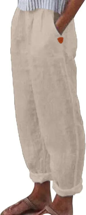 Women's Linen Blend Pants Drawstring Relaxed Breathable Wide Leg Pant Elastic Waisted Summer Straight Leg Trousers