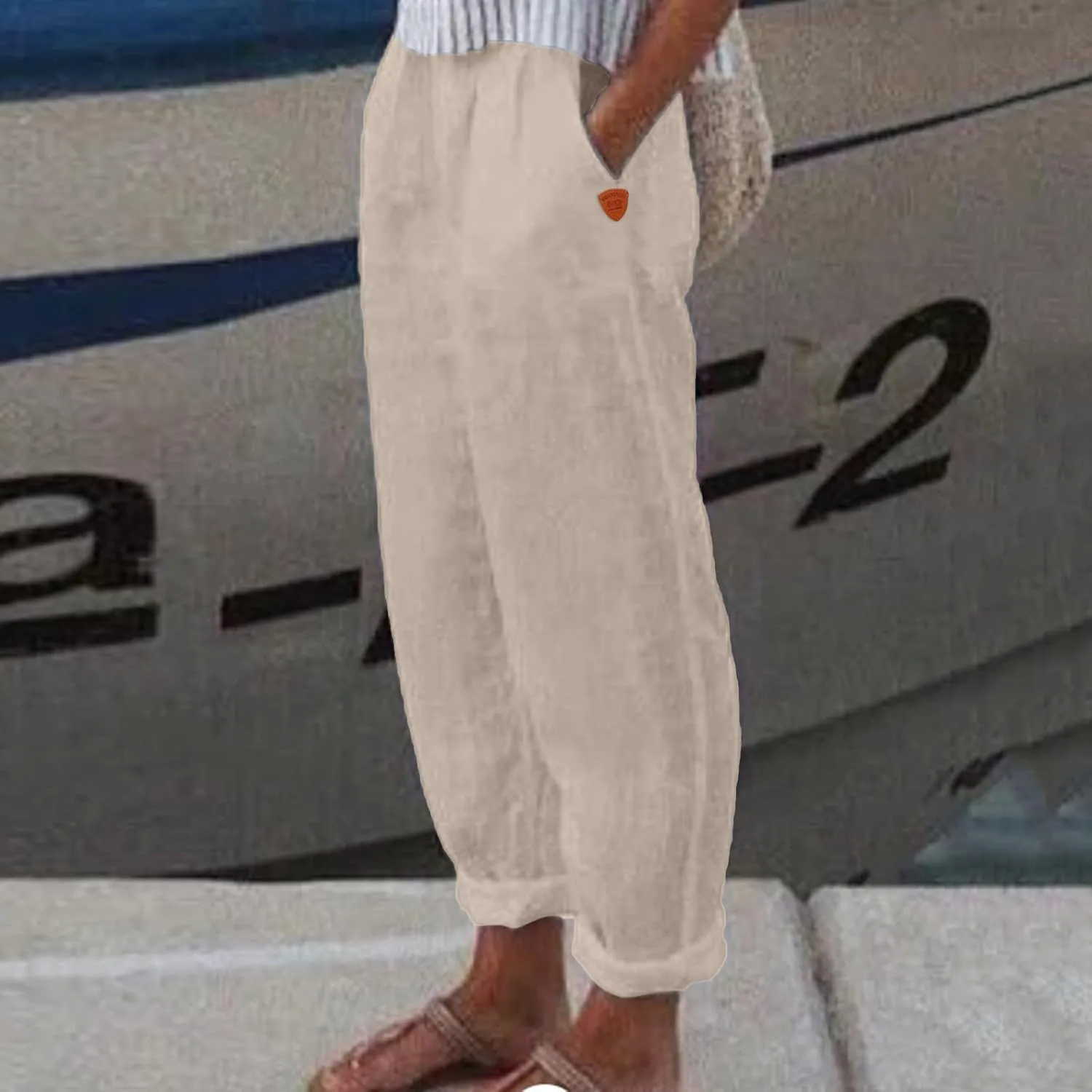 Women's Linen Blend Pants Drawstring Relaxed Breathable Wide Leg Pant Elastic Waisted Summer Straight Leg Trousers