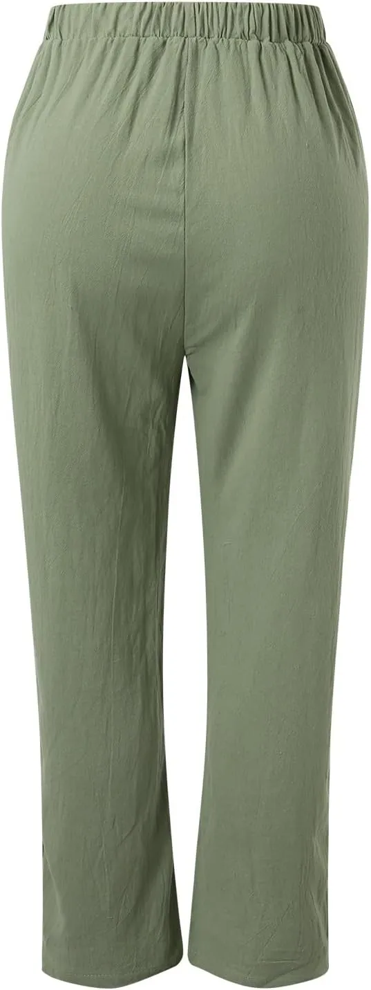 Women's Linen Blend Pants Drawstring Relaxed Breathable Wide Leg Pant Elastic Waisted Summer Straight Leg Trousers