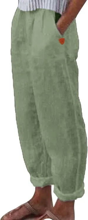 Women's Linen Blend Pants Drawstring Relaxed Breathable Wide Leg Pant Elastic Waisted Summer Straight Leg Trousers