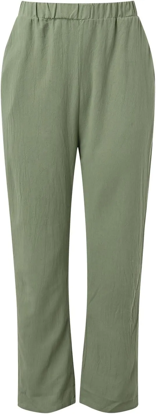 Women's Linen Blend Pants Drawstring Relaxed Breathable Wide Leg Pant Elastic Waisted Summer Straight Leg Trousers