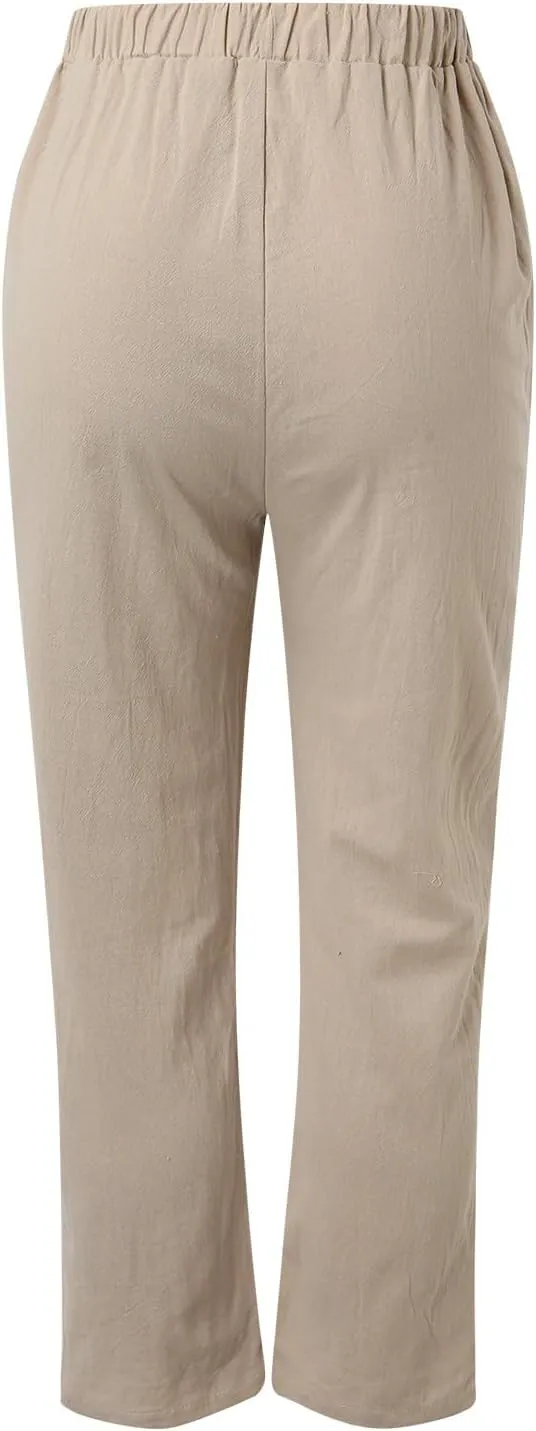 Women's Linen Blend Pants Drawstring Relaxed Breathable Wide Leg Pant Elastic Waisted Summer Straight Leg Trousers