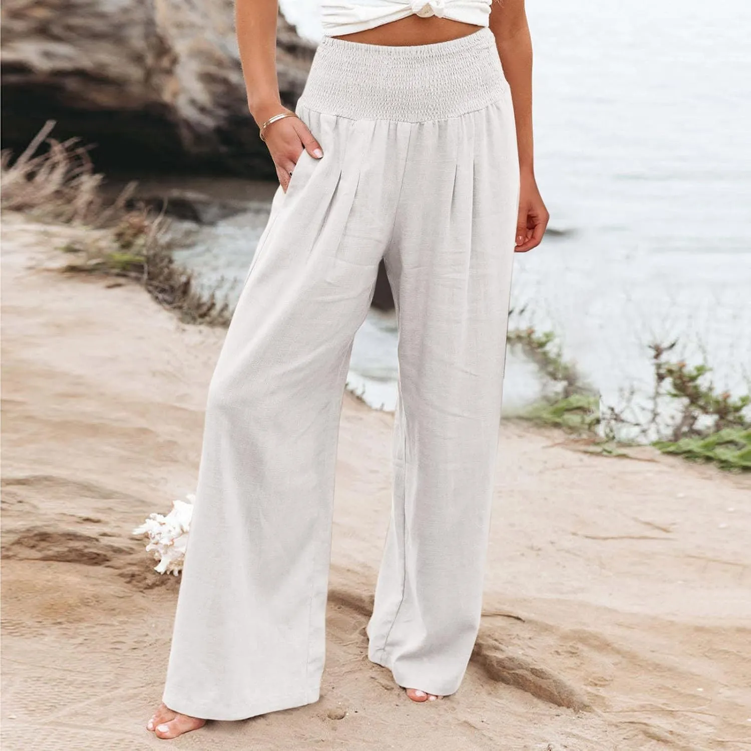 Womens Linen Palazzo Pants Loose Fit Hight Elastic Waist Wide Leg 2025 Summer Trendy Lightweight Flowy Trousers