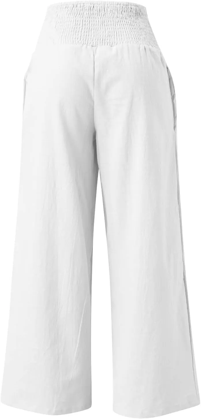 Womens Linen Palazzo Pants Loose Fit Hight Elastic Waist Wide Leg 2025 Summer Trendy Lightweight Flowy Trousers