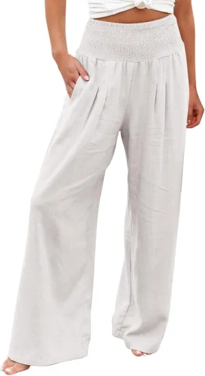 Womens Linen Palazzo Pants Loose Fit Hight Elastic Waist Wide Leg 2025 Summer Trendy Lightweight Flowy Trousers