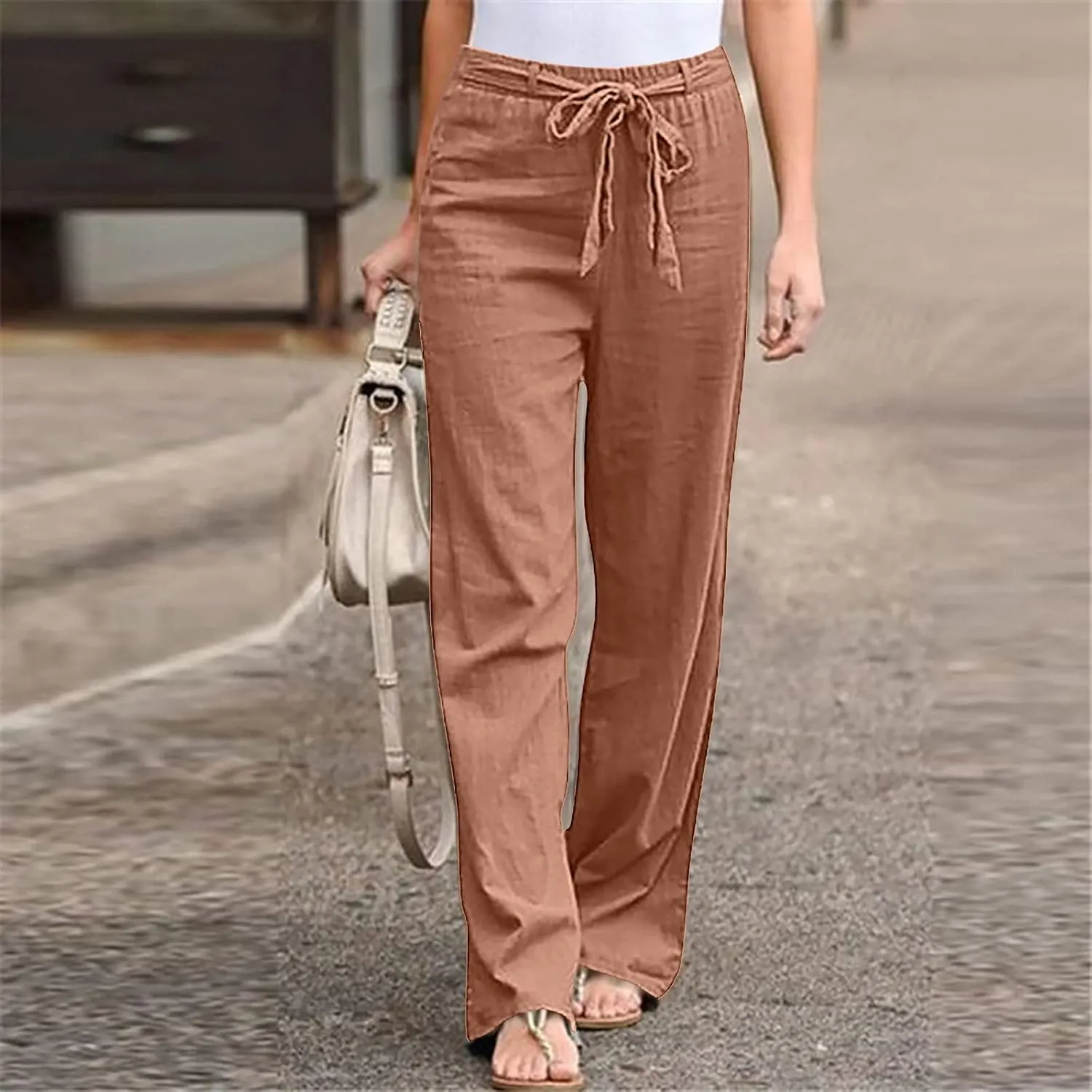 Womens Linen Pants 2025 Summer Casual Loose High Waisted Pants Relaxed Fit Elastic Waist Wide Leg Pants Trousers