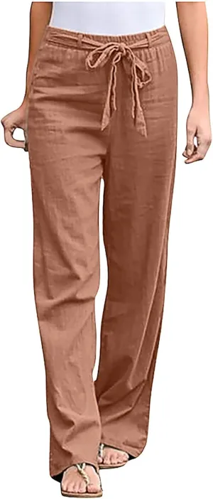 Womens Linen Pants 2025 Summer Casual Loose High Waisted Pants Relaxed Fit Elastic Waist Wide Leg Pants Trousers