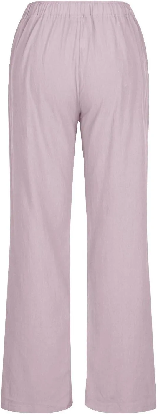 Womens Linen Pants Summer Beach Vacation Outfits Solid Color Wide Leg Flowy Pants Relaxed Elastic Waisted Trousers