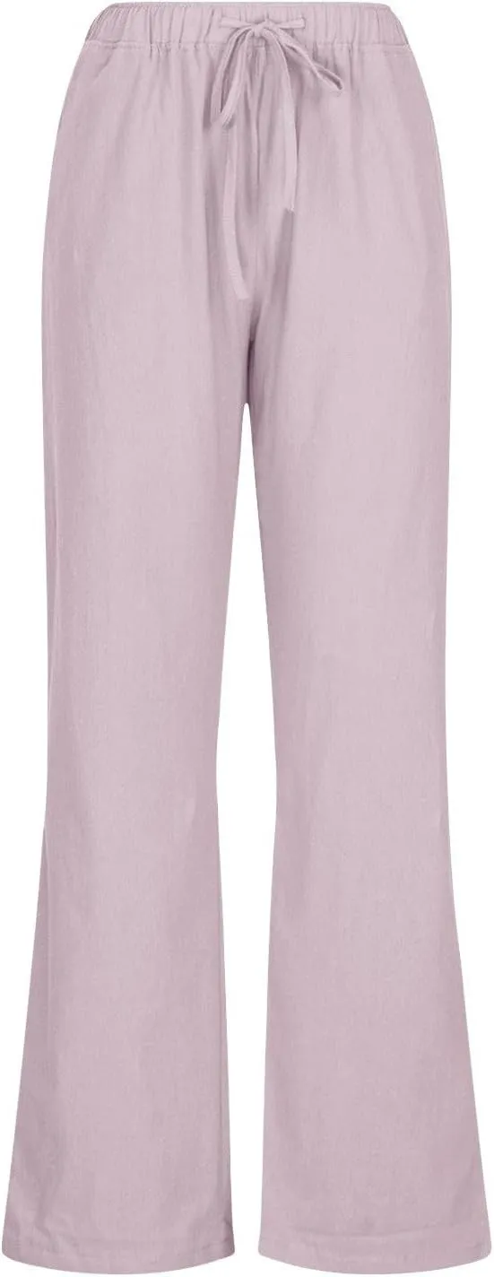 Womens Linen Pants Summer Beach Vacation Outfits Solid Color Wide Leg Flowy Pants Relaxed Elastic Waisted Trousers