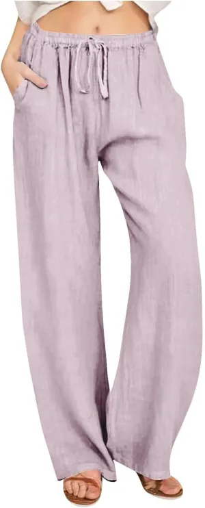 Womens Linen Pants Summer Beach Vacation Outfits Solid Color Wide Leg Flowy Pants Relaxed Elastic Waisted Trousers