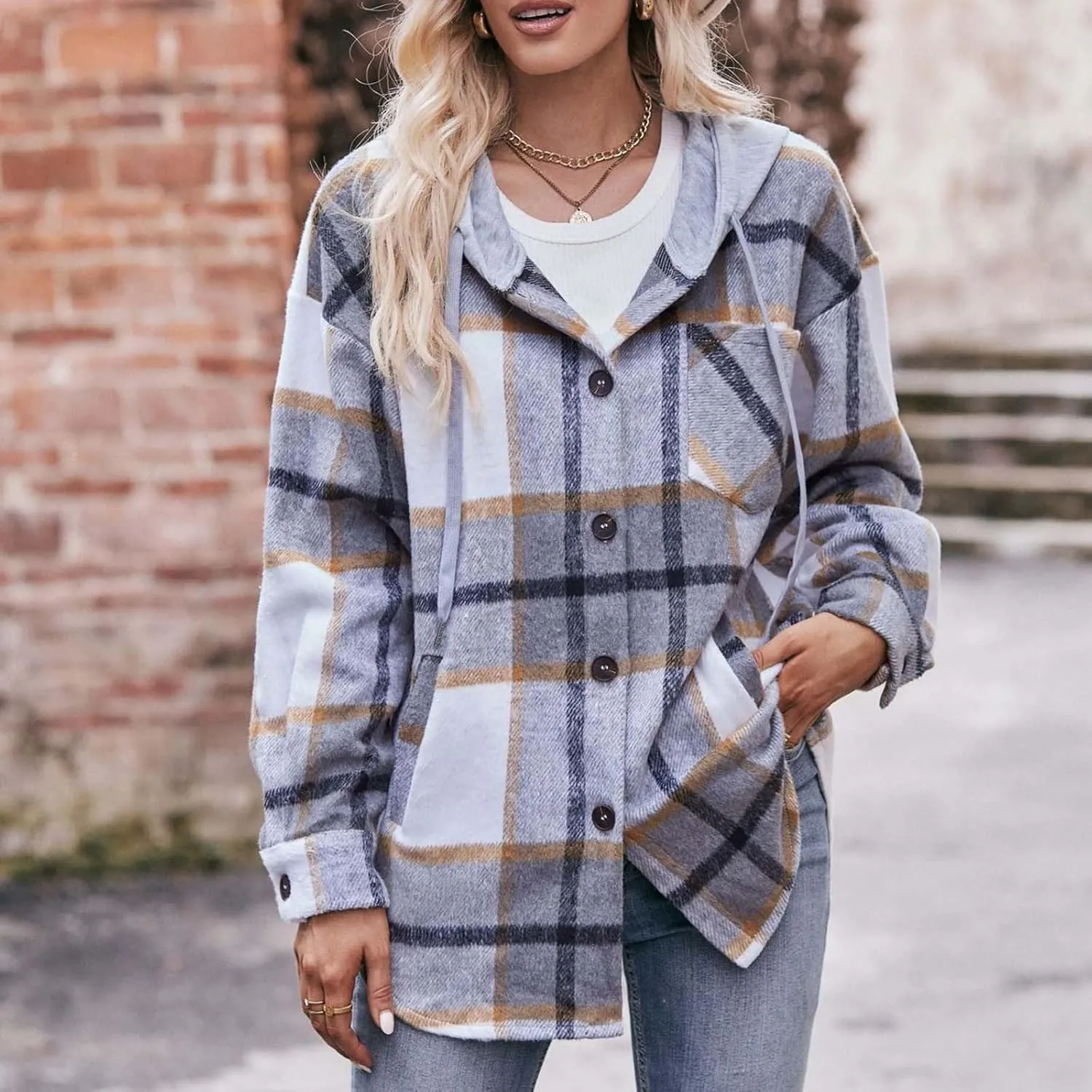 Womens Long Sleeve Plaid Shirts Button Down Flannel Hoodie Oversized Casual Fall Clothes Shacket Jacket Trendy 2023