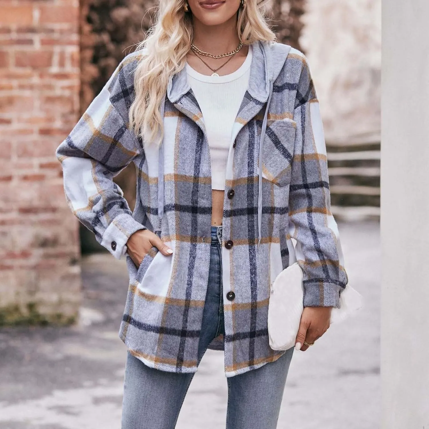Womens Long Sleeve Plaid Shirts Button Down Flannel Hoodie Oversized Casual Fall Clothes Shacket Jacket Trendy 2023
