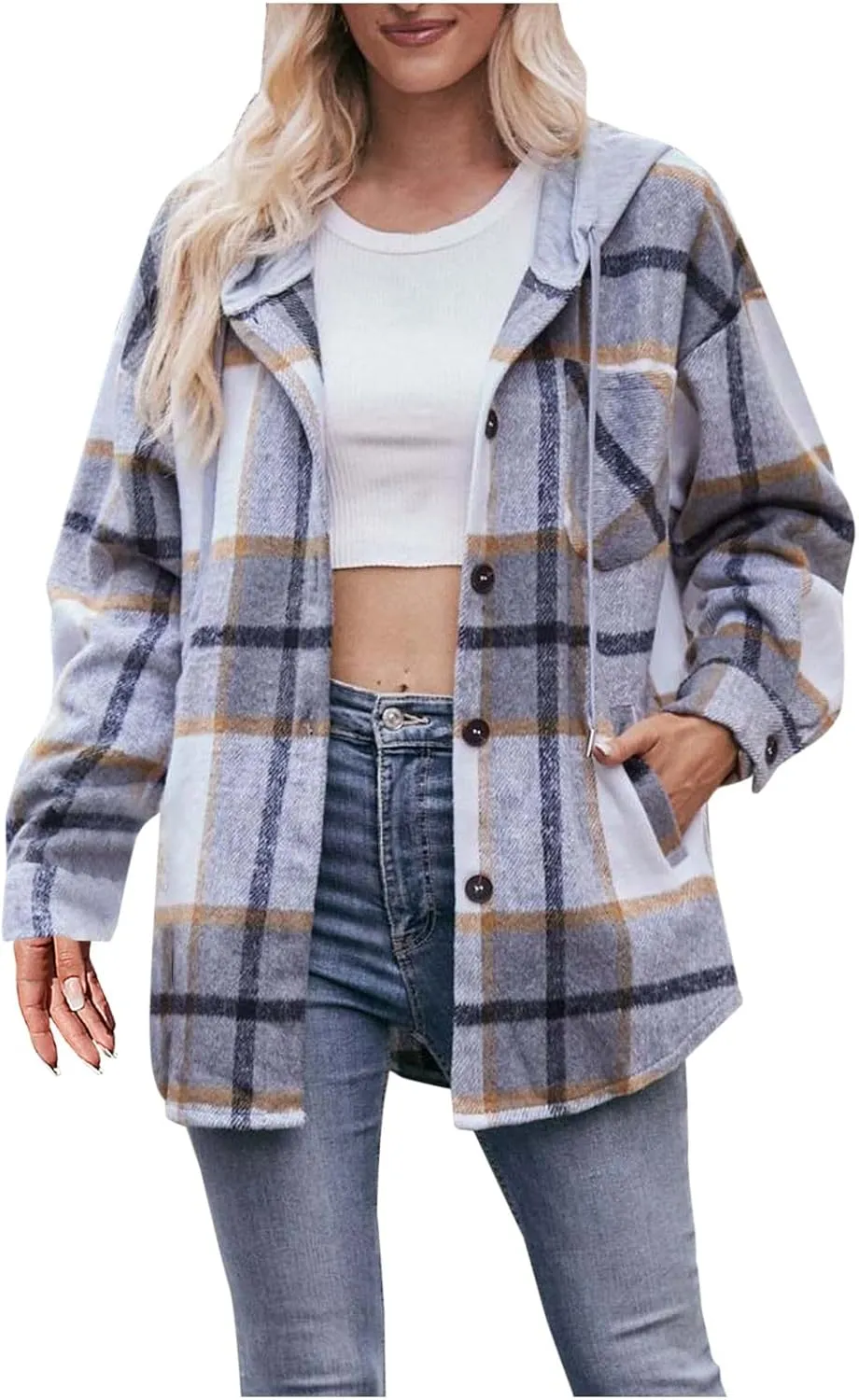 Womens Long Sleeve Plaid Shirts Button Down Flannel Hoodie Oversized Casual Fall Clothes Shacket Jacket Trendy 2023