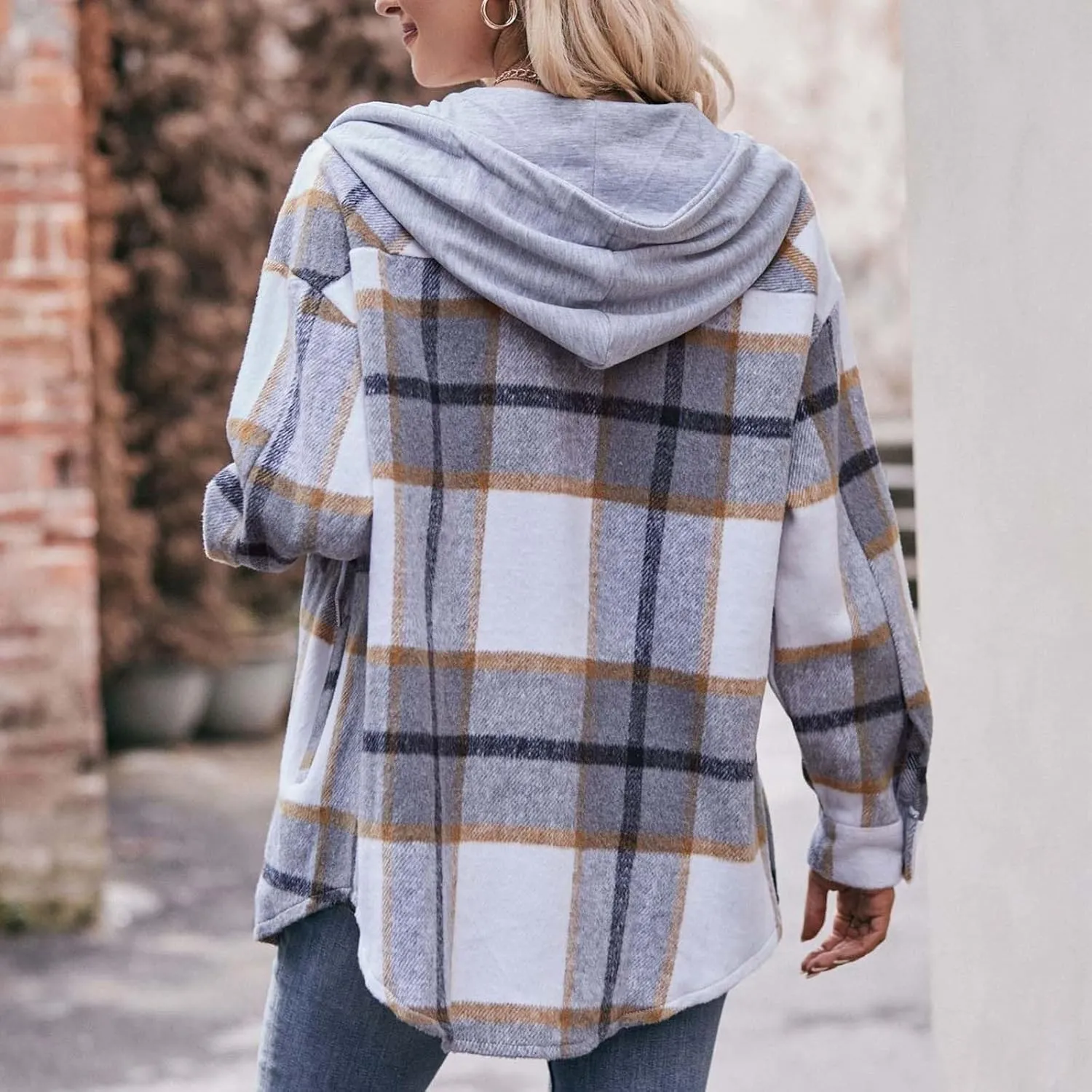 Womens Long Sleeve Plaid Shirts Button Down Flannel Hoodie Oversized Casual Fall Clothes Shacket Jacket Trendy 2023