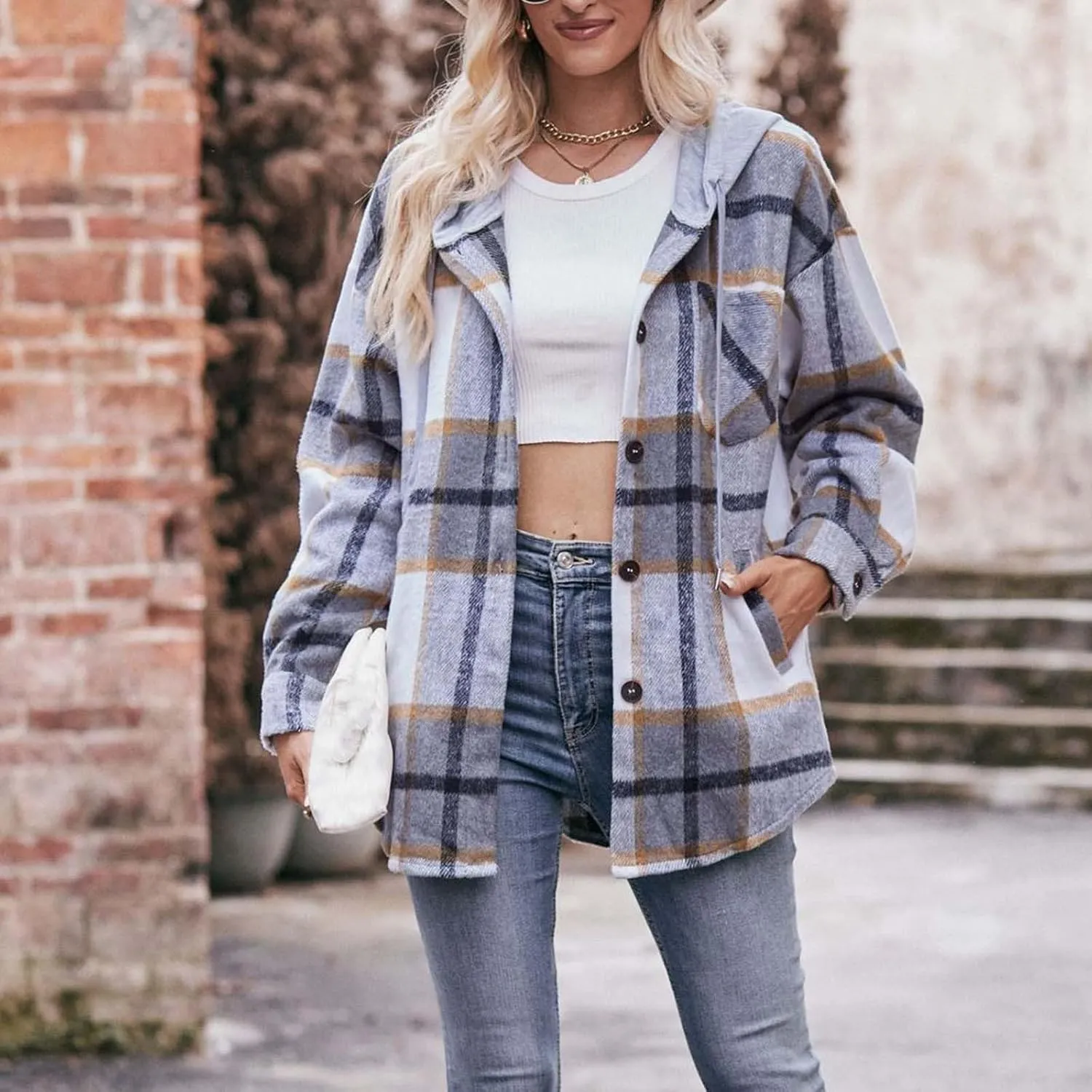 Womens Long Sleeve Plaid Shirts Button Down Flannel Hoodie Oversized Casual Fall Clothes Shacket Jacket Trendy 2023