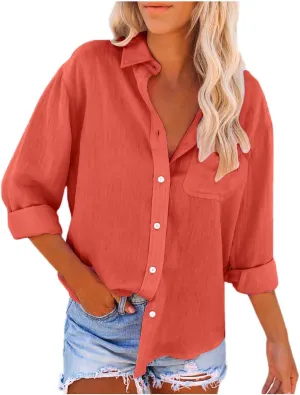 Womens Long Sleeve Tops V Neck Button Down Blouses Solid Classic Fit Shirts Spring Fall Daily Party Fashion Clothes