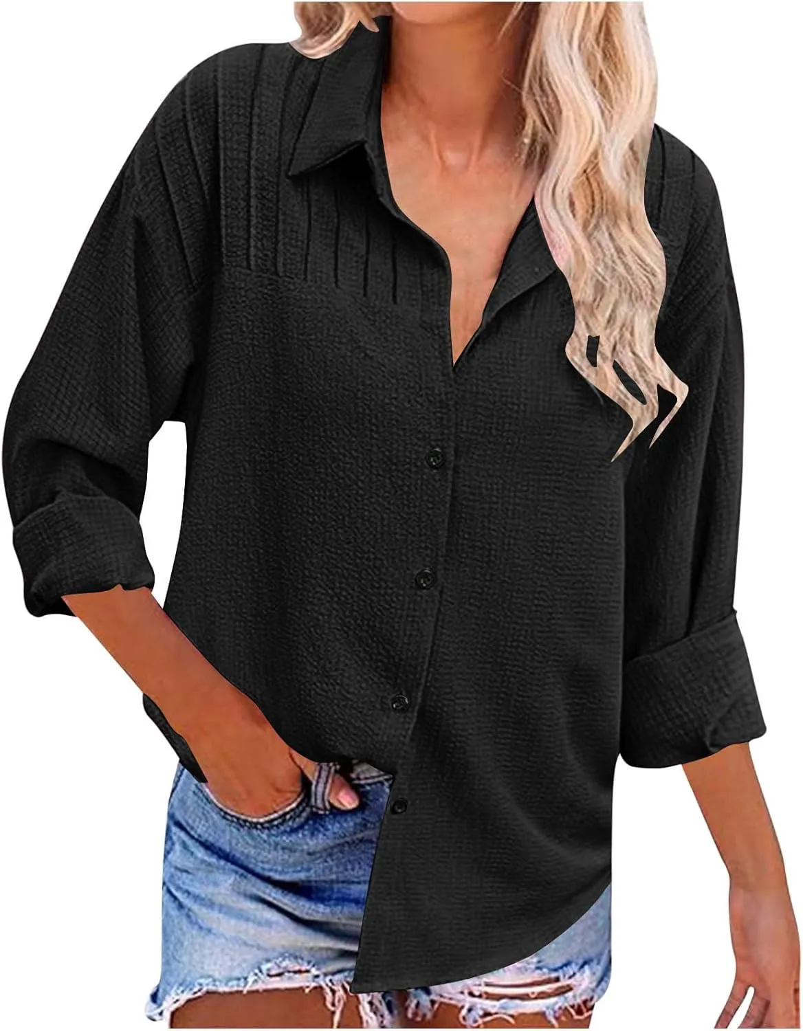 Womens Long Sleeve Tops V Neck Button Down Blouses Solid Classic Fit Shirts Spring Fall Daily Party Fashion Clothes
