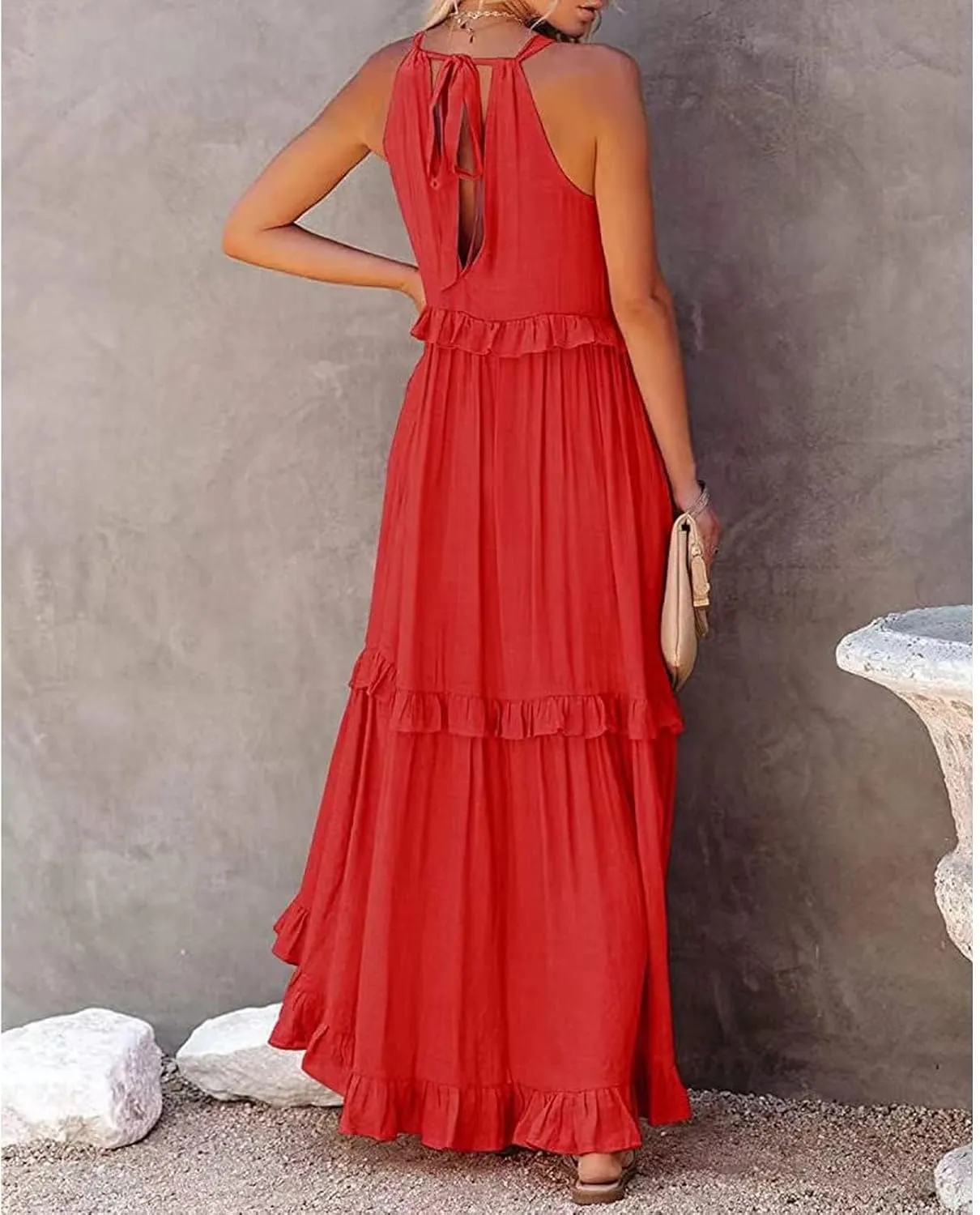 Women's Maxi Dress 2025 Boho Beach Sundress Sleeveless Smocked Halter Tiered Ruffle Dress Elegant Swing Long Dresses