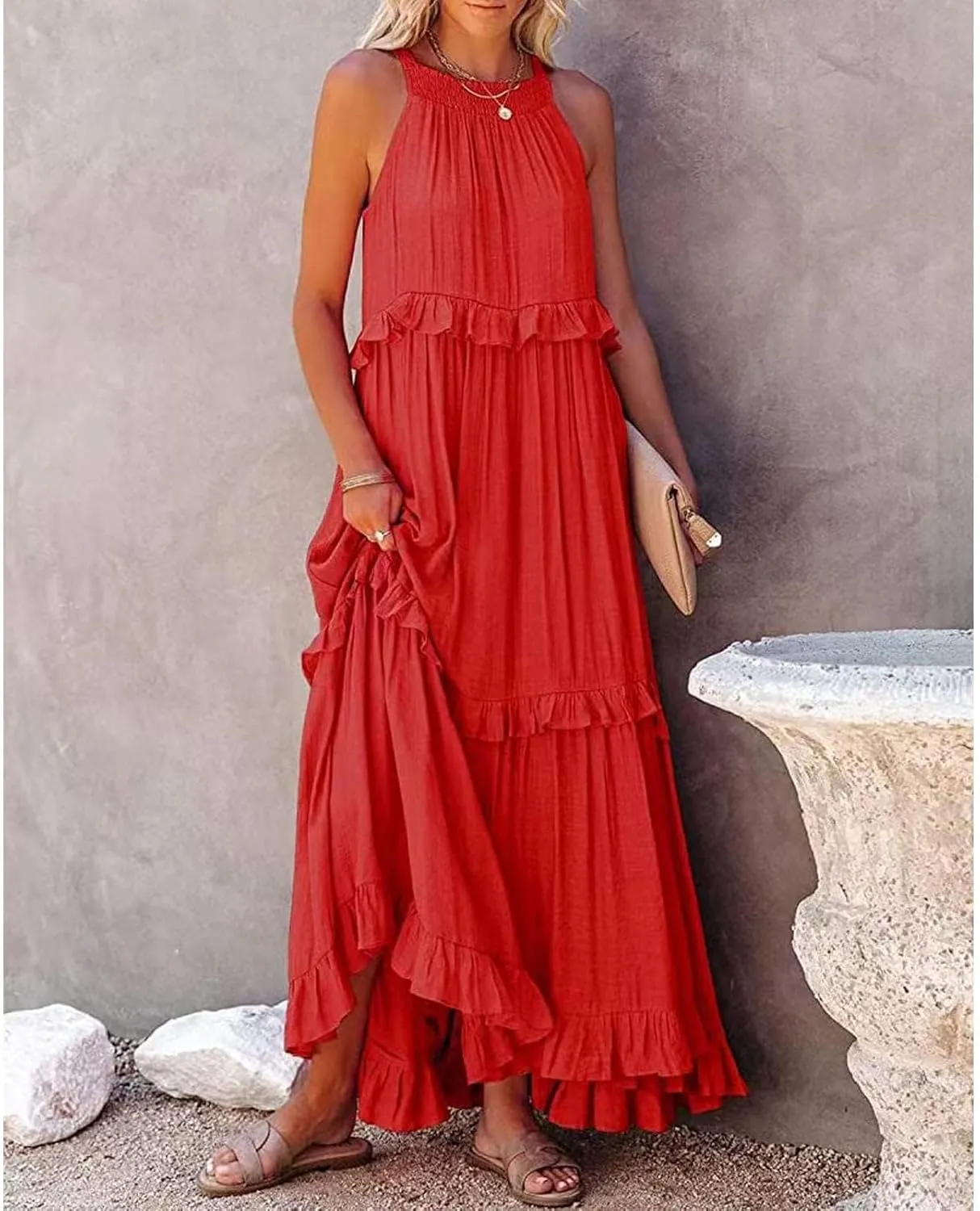 Women's Maxi Dress 2025 Boho Beach Sundress Sleeveless Smocked Halter Tiered Ruffle Dress Elegant Swing Long Dresses