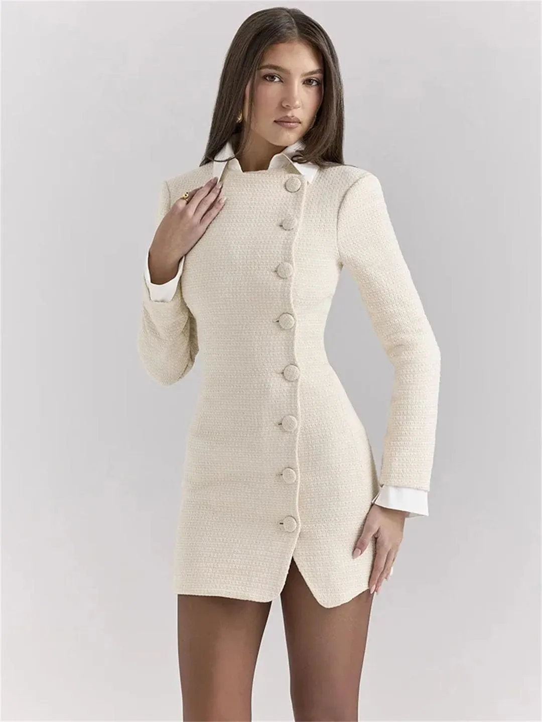Women's Mini Dress Elegant Office Lapel Slim High Waist Splice Buttons Cardigan Dresses