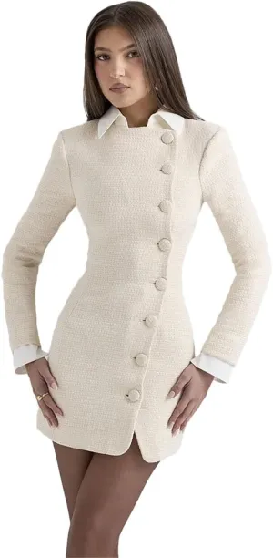 Women's Mini Dress Elegant Office Lapel Slim High Waist Splice Buttons Cardigan Dresses