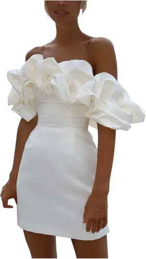 Womens Off Shoulder Strapless Mini Dress Ruffle Trim Ruched Sleeveless Bodycon Party Dressses Elegant Cocktail Dress