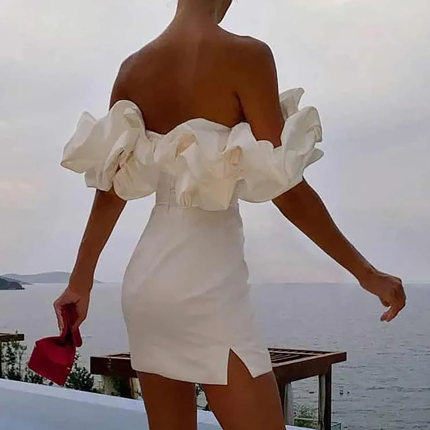 Womens Off Shoulder Strapless Mini Dress Ruffle Trim Ruched Sleeveless Bodycon Party Dressses Elegant Cocktail Dress