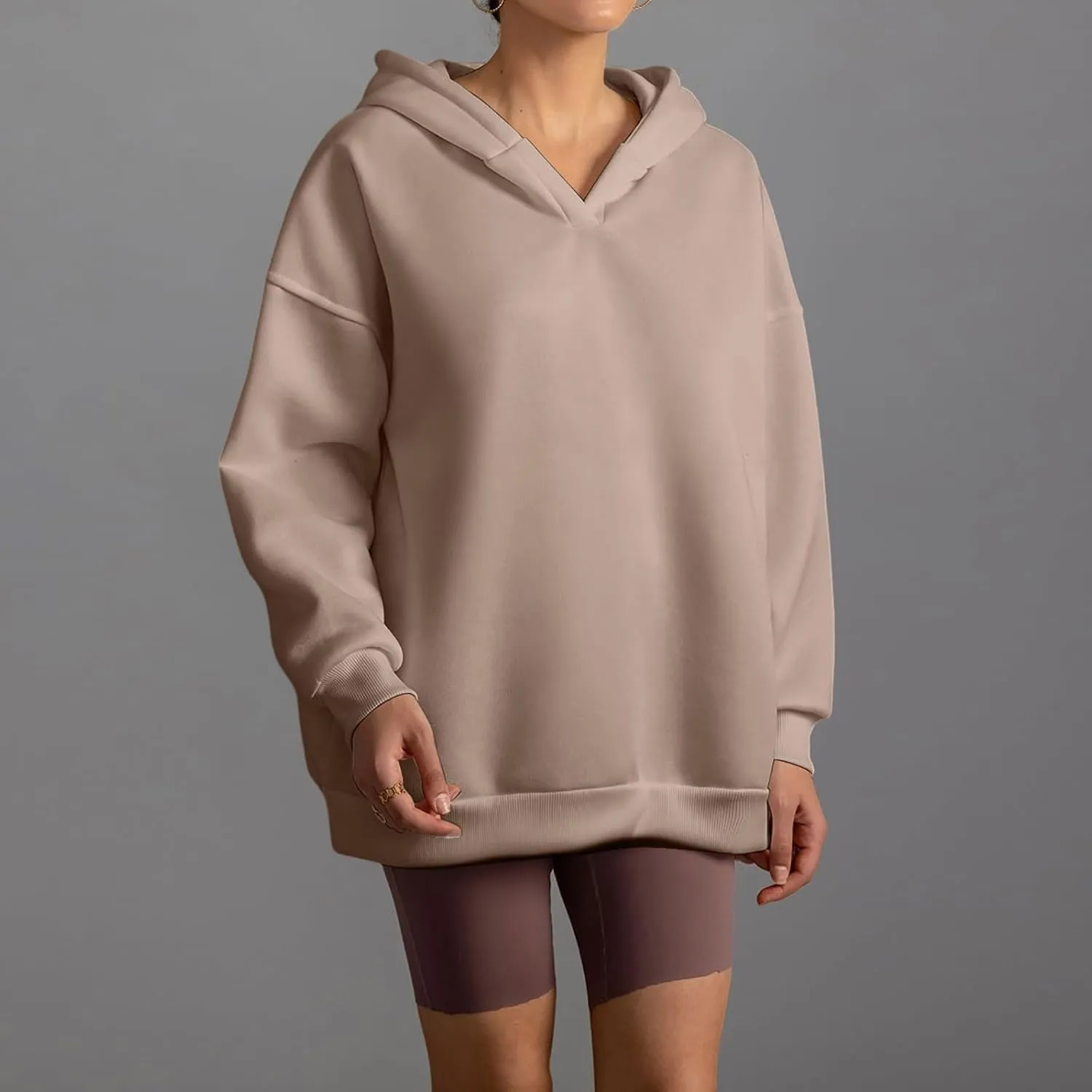 Womens Oversized Hoodie V Neck Sweatshirts 2024 Fall Tunic Pullover Top Trendy Teen Girls Preppy Clothes