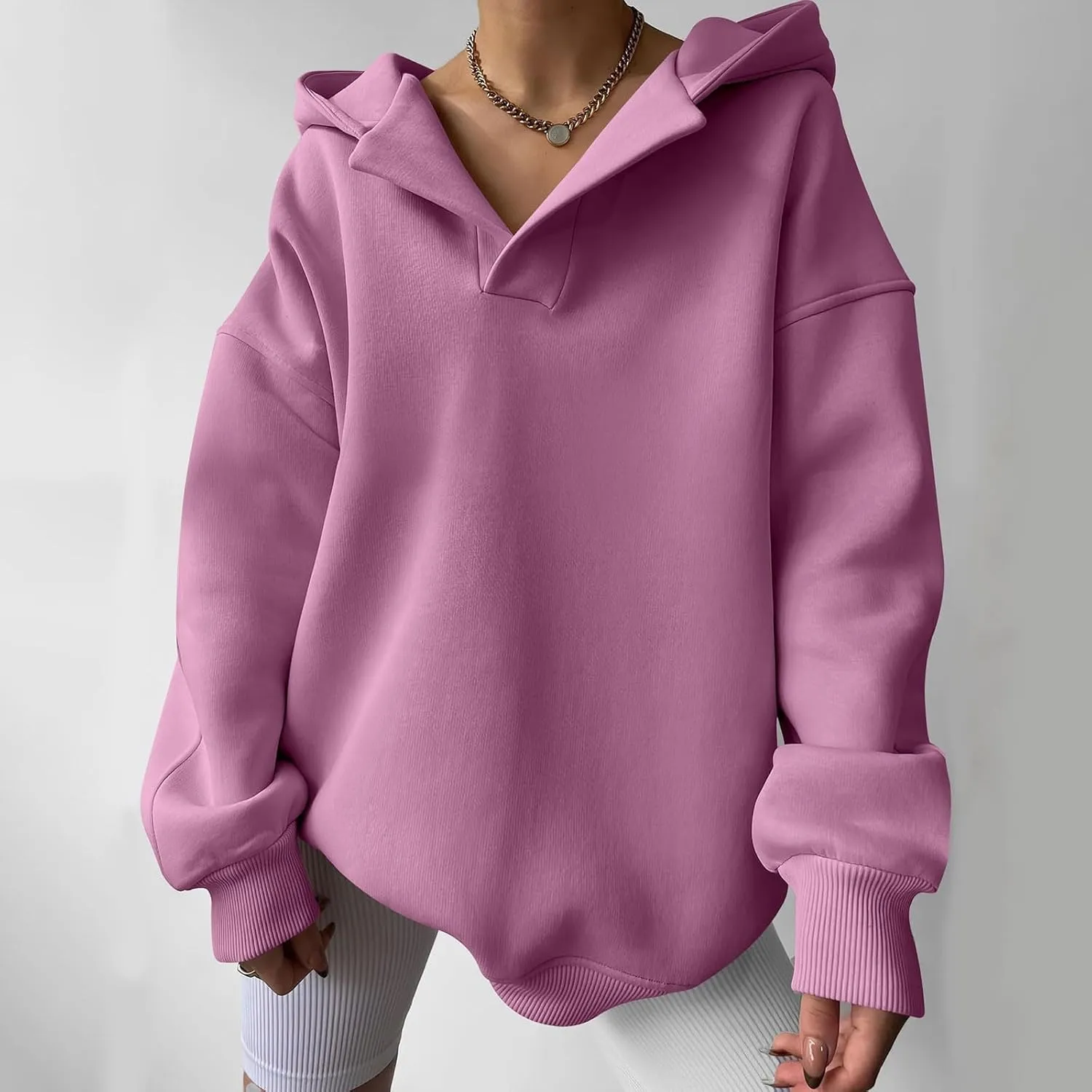 Womens Oversized Hoodie V Neck Sweatshirts 2024 Fall Tunic Pullover Top Trendy Teen Girls Preppy Clothes