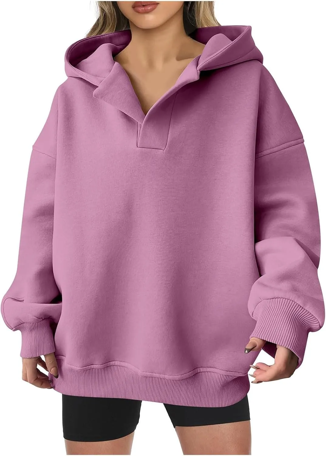 Womens Oversized Hoodie V Neck Sweatshirts 2024 Fall Tunic Pullover Top Trendy Teen Girls Preppy Clothes