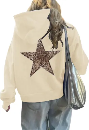 Womens Oversized Hoodies Distressed Star Graphic Sweatshirt Long Sleeve Hooded Shirt Aesthetic Pullover