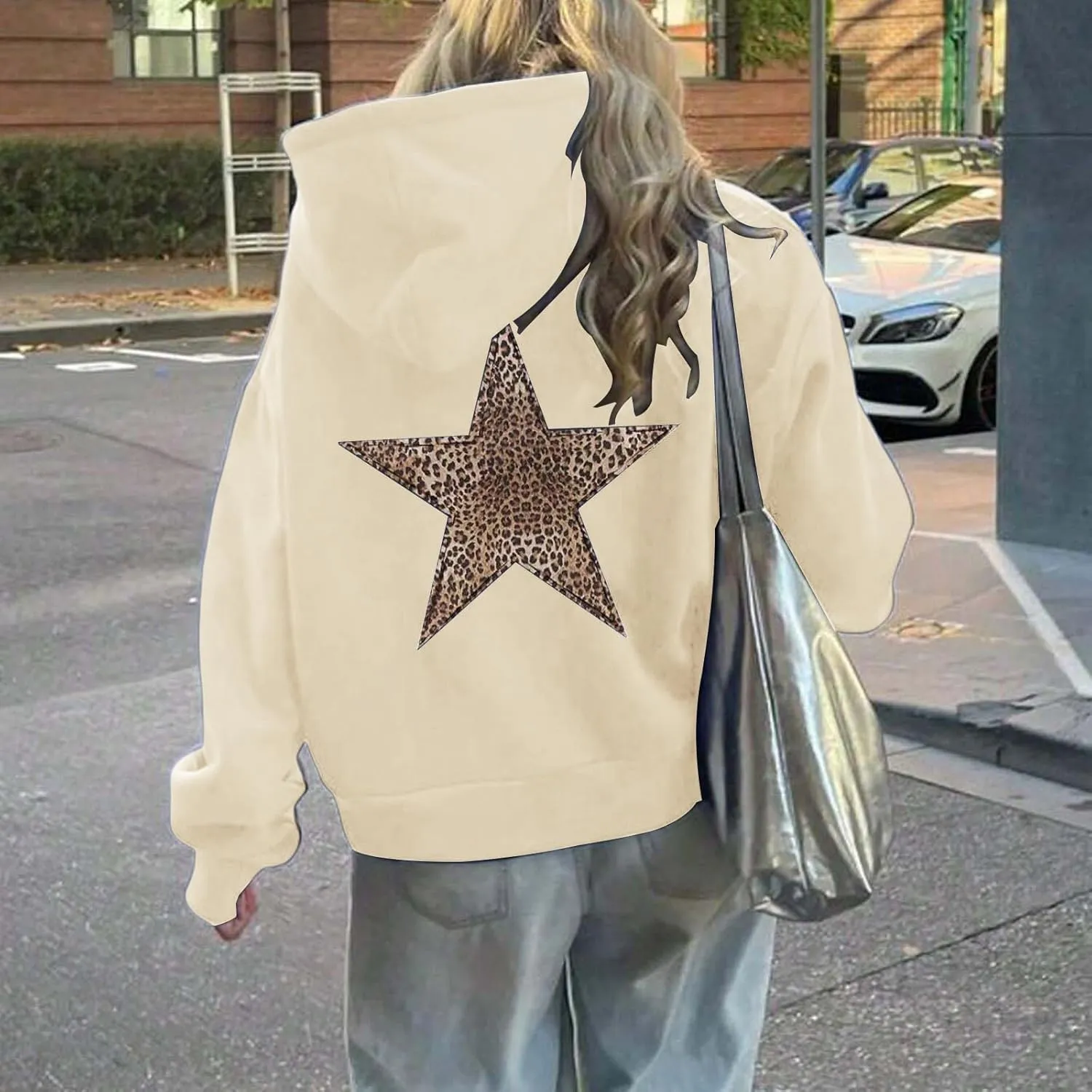 Womens Oversized Hoodies Distressed Star Graphic Sweatshirt Long Sleeve Hooded Shirt Aesthetic Pullover