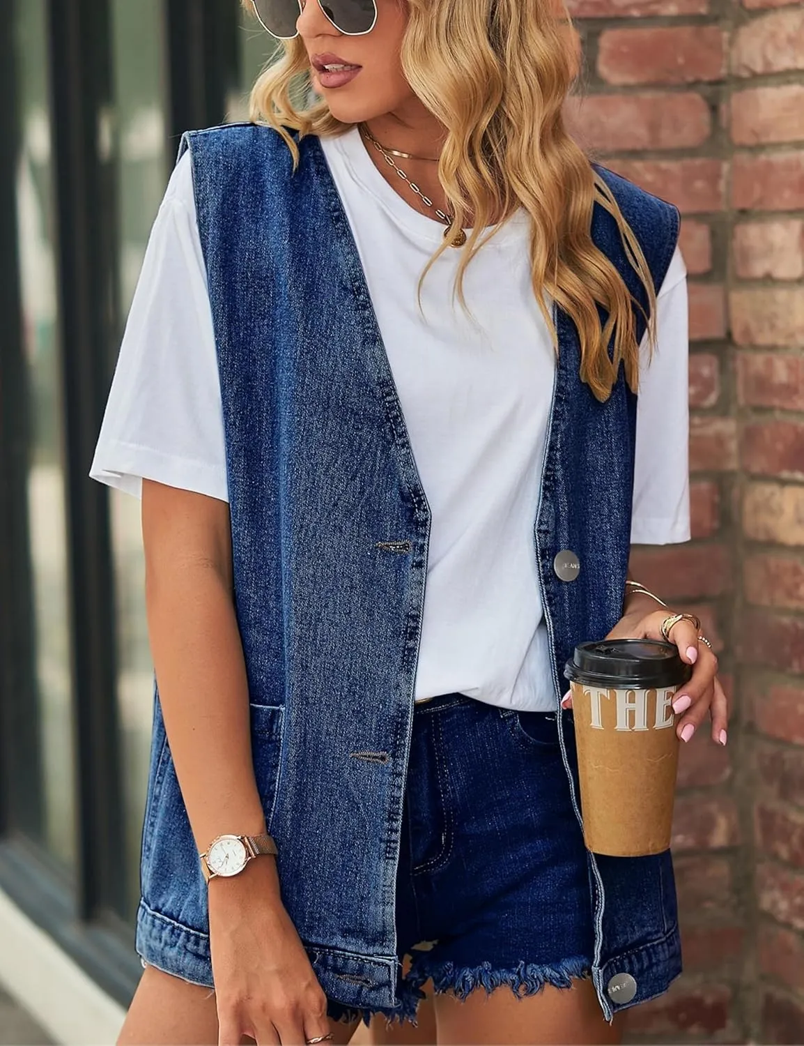 Womens Oversized Sleeveless Jean Denim Jacket Button Down Vest Top for Women Summer Waistcoat Jeans Vests Tops