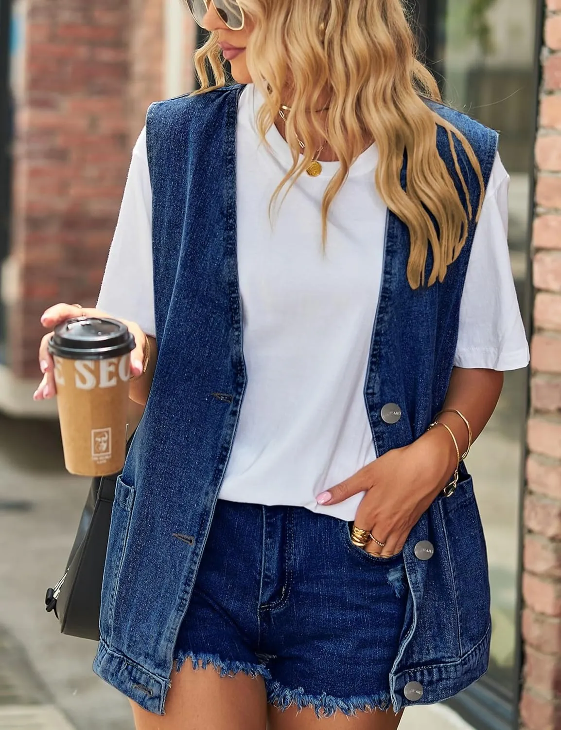 Womens Oversized Sleeveless Jean Denim Jacket Button Down Vest Top for Women Summer Waistcoat Jeans Vests Tops