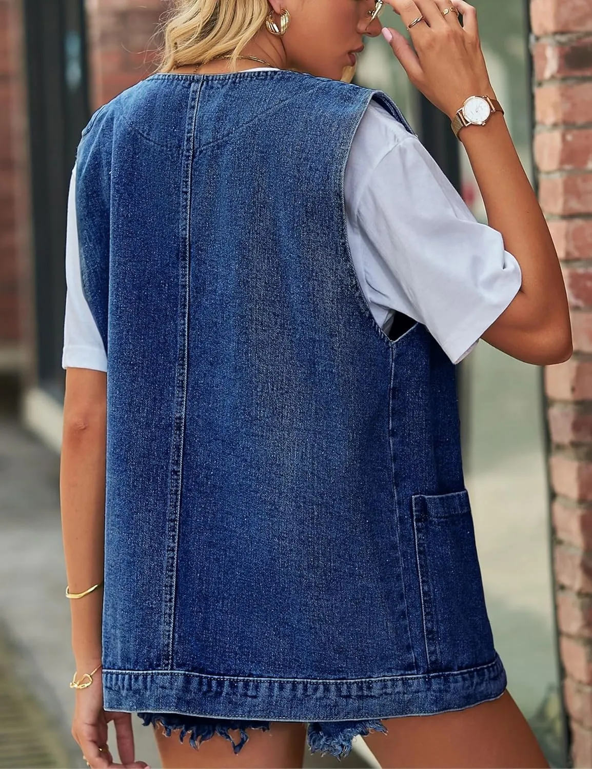 Womens Oversized Sleeveless Jean Denim Jacket Button Down Vest Top for Women Summer Waistcoat Jeans Vests Tops